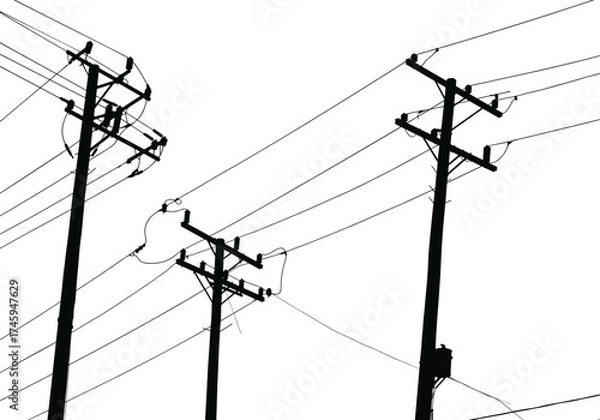 Fototapeta Silhouette utility poles with wires, electrical transformers, power distribution system, urban infrastructure, energy grid, overhead lines, electricity, engineering illustration
