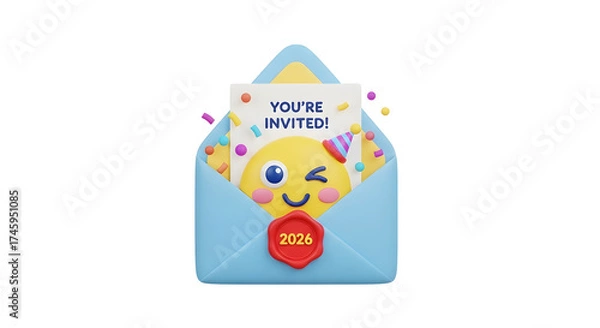 Fototapeta A 3D rendering shows an invitation popping out of a blue envelope. The invitation features a generic icon and the words You're Invited on a transparent background.
