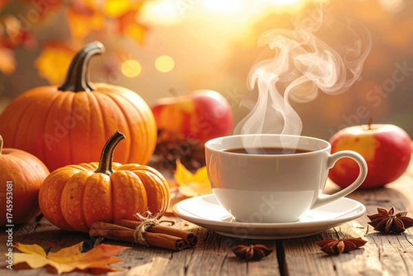 Fototapeta Autumn still life with pumpkins, apples, and a steaming cup of coffee illuminated by sunset light — warm and inviting mood.