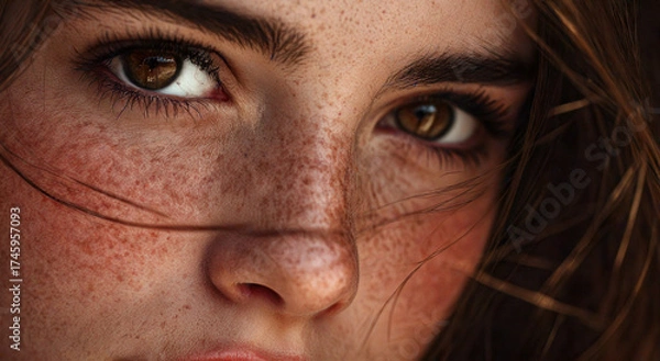 Obraz Radiant Gaze: A captivating portrait of a woman's face, where expressive eyes meet the camera. Her radiant skin is adorned with delicate freckles, evoking a sense of natural beauty and unique charm.