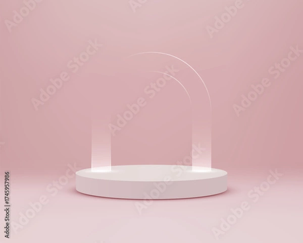 Fototapeta Minimal pastel mockup with white circular podium and transparent light arches in a soft pink studio, designed for product display, branding, cosmetic showcase