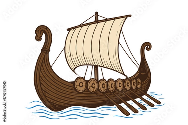 Fototapeta Vector depiction of an ancient Viking vessel, designed with wooden textures, shields, and sail, capturing the spirit of classic Nordic adventure voyages.