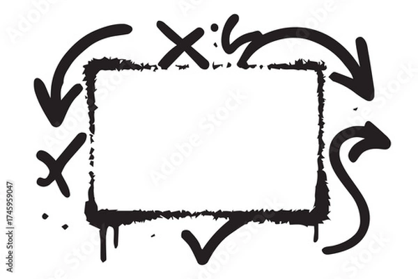 Fototapeta Vector minimalist graffiti frame created with spray paint effect, illustrated in black and white with precise black outline defining modern street art style.