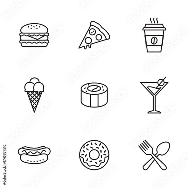 Obraz Simple Outline Food and Drink Set Collection Icon Illustration