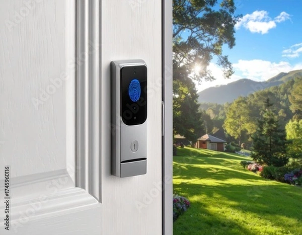 Fototapeta Smart lock on white door with fingerprint technology