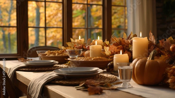 Fototapeta Cozy Thanksgiving Table with Centerpiece and Candles Surrounded by Autumn Decor in a Warm Indoor Setting