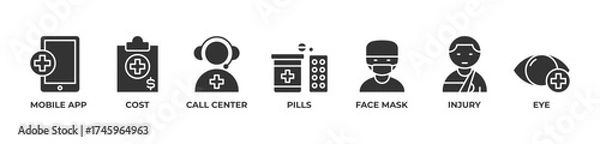 Fototapeta Connecting Health, Protection, and Care Icons set vector illustration glyph with Mobile app, Cost, Call center, Pills,  Face mask, Injury, Eye