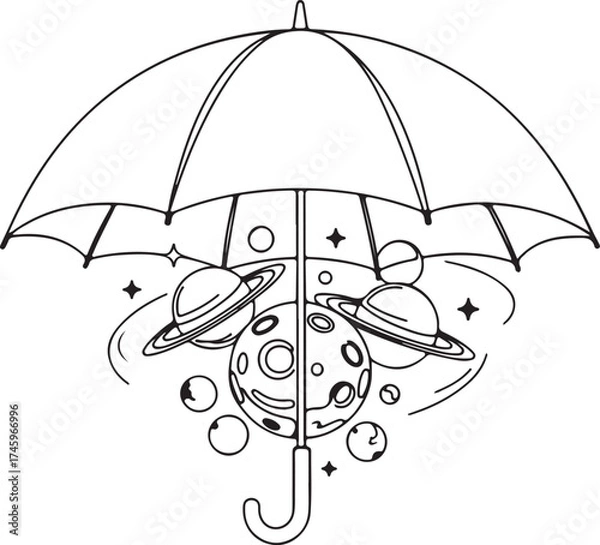 Fototapeta  Conceptual Line Art Showing an Open Umbrella Protecting the Moon and Several Rings of Planets in Space