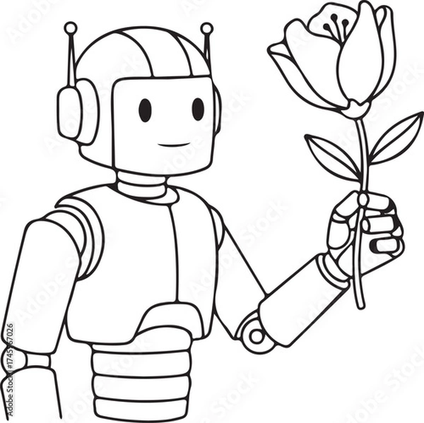 Fototapeta Cute Cartoon Robot with a Friendly Face Presenting a Single, Beautifully Blooming Tulip Flower as a Gift.