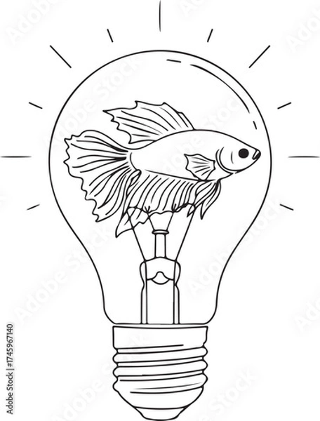 Fototapeta  Line Art Drawing of a Detailed Siamese Fighting Fish Encapsulated Inside a Brightly Glowing Light Bulb.