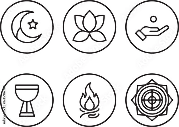 Fototapeta Set of Six Line Art Icons Representing Spirituality, Nature, and Mysticism Including the Crescent Moon and Lotus Flower