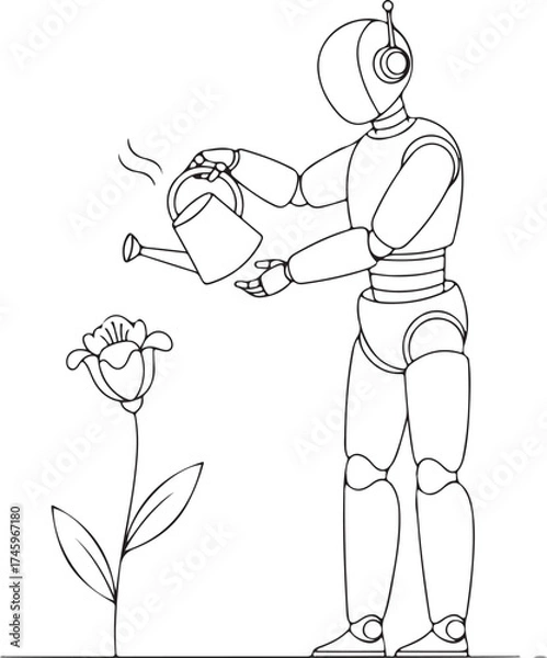 Fototapeta Sleek Robot Thoughtfully Tending to a Single Blooming Flower with a Watering Can, Blending Technology and Nature.
