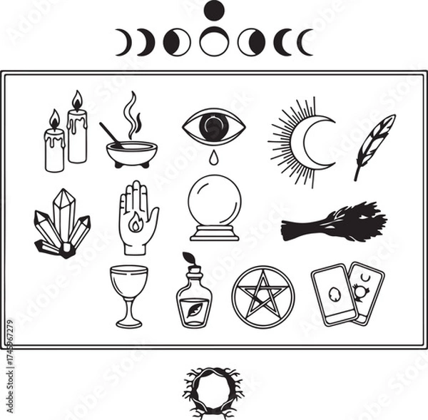 Fototapeta A black and white line art illustration of various occult and witchcraft symbols and tools, framed by a border and topped with a full sequence of moon phases
