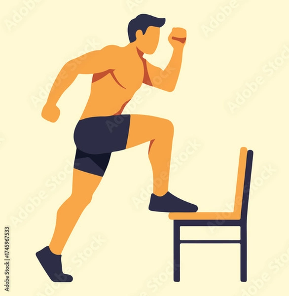 Fototapeta A flat illustration of a muscular shirtless man in dark shorts performing a step-up exercise onto a low chair