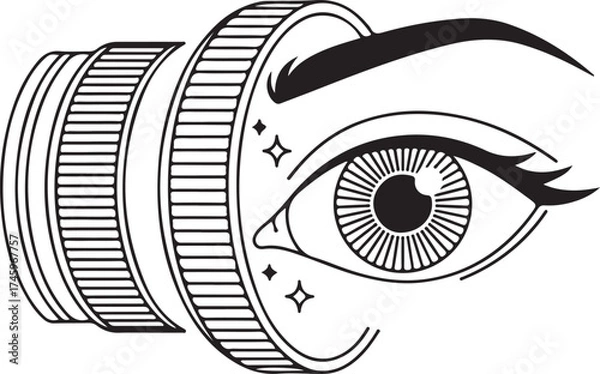 Fototapeta A striking black and white line art illustration combining a camera lens with a stylized human eye