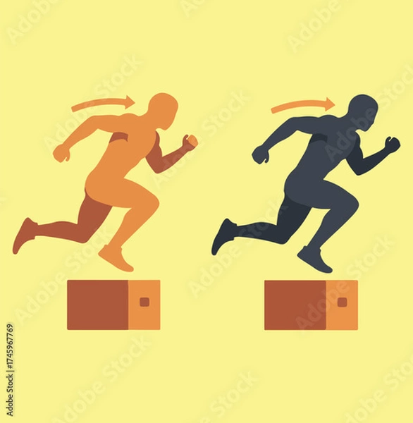 Fototapeta A simplified illustration showing two silhouettes of a sprinter or runner jumping off a small box, with one in orange and one in dark gray, both with an arrow indicating forward motion