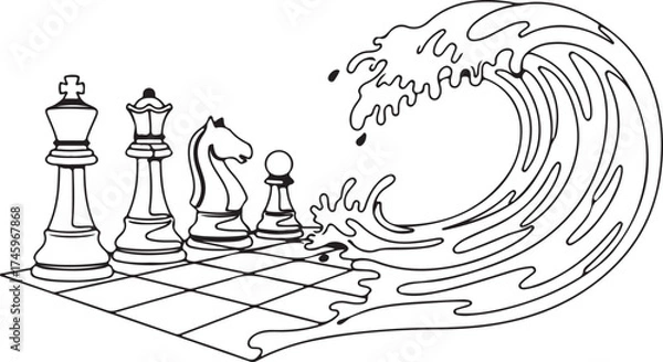 Fototapeta An Illustrated Wave of Water Threatening to Wash Over and Disrupt a Line of Detailed Chess Pieces on a Board.