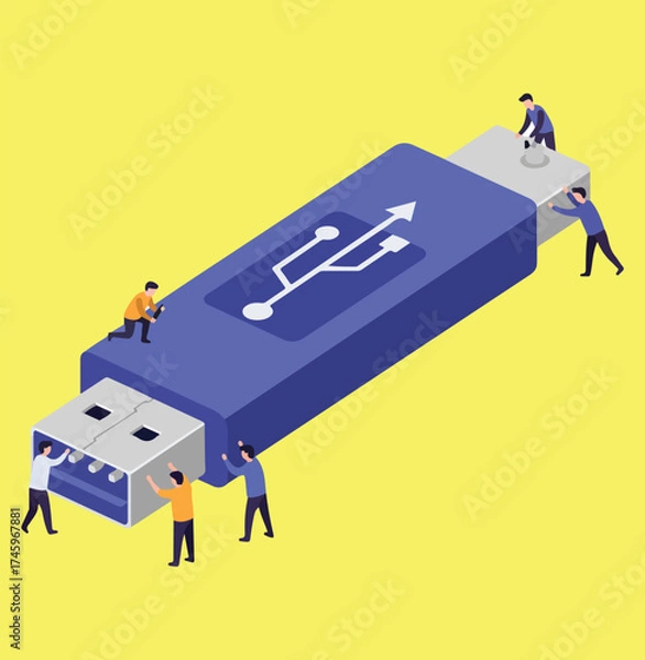 Fototapeta An isometric illustration of miniature people working together to plug in a giant USB flash drive for data transfer.