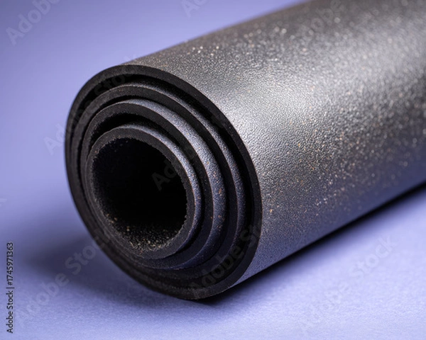 Fototapeta Rolled black yoga mat with textured surface on purple background for fitness and exercise use