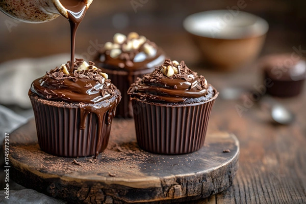 Obraz Dark Chocolate Cupcakes with Melted Ganache