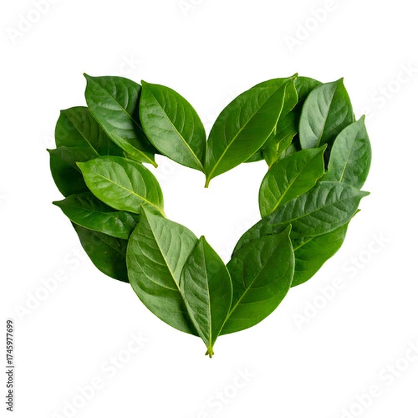Fototapeta Heart shape formed by lush green leaves against a stark black background, symbolizing nature