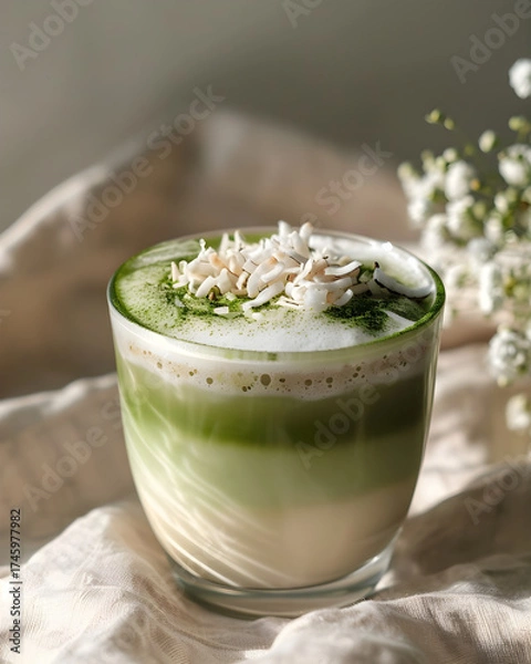 Fototapeta Iced matcha coconut cold brew layered with light green and white foam, topped with shredded coconut and matcha dust