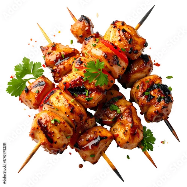 Fototapeta Close-up of grilled, glazed chicken skewers with vegetables and herbs on a black background