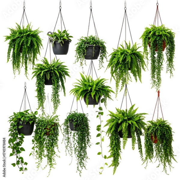 Fototapeta A collection of hanging ferns, lush greenery cascading from various black and red pots