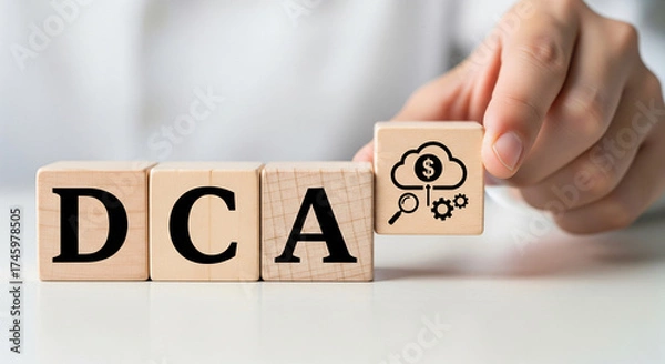 Fototapeta DCA wooden block concept. A wooden block displays the letters "DCA," set against a textured wooden background, emphasizing simplicity and minimalism.