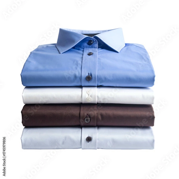 Obraz Neatly stacked, folded shirts in blue, white, brown, and light blue against a black background