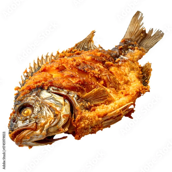 Obraz Crispy golden fried fish, whole and perfectly cooked, scales visible. Transparent background