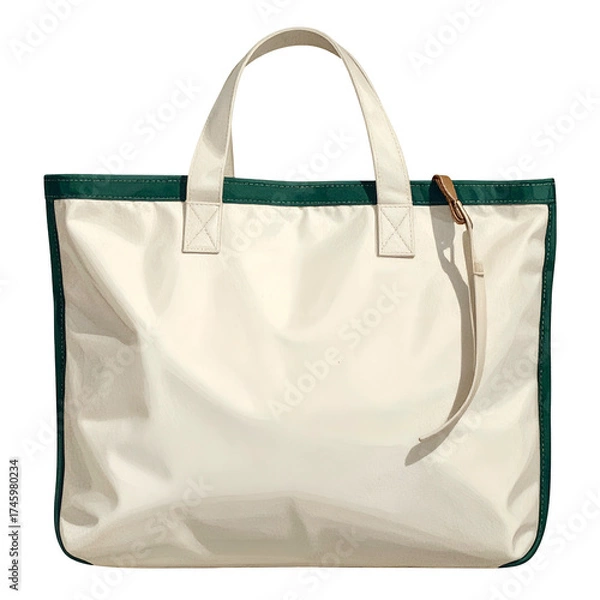 Obraz Cream & green tote bag, large, rectangular, two handles, tan accent, against a black background