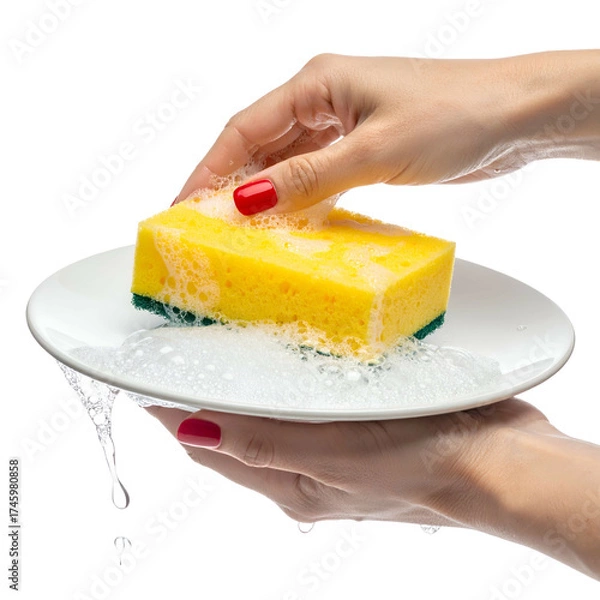 Fototapeta Hands washing a white plate with a yellow sponge, soap suds and water droplets