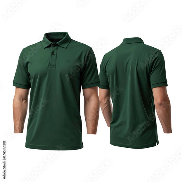Obraz Front and back view of a dark green polo shirt, presented against a black background