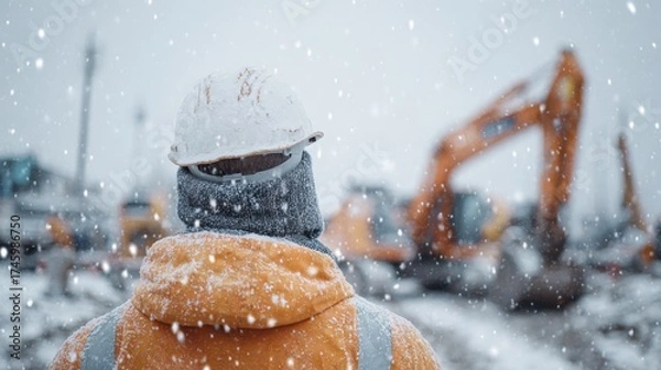 Obraz Construction worker in safety hard hat and winter jacket standing in heavy snowfall at a cold industrial site