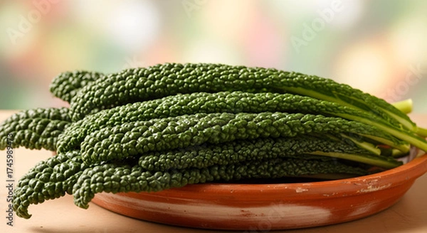 Fototapeta Fresh dark green Lacinato kale stalks resting on a terra cotta dish with a soft, blurred background, natural produce