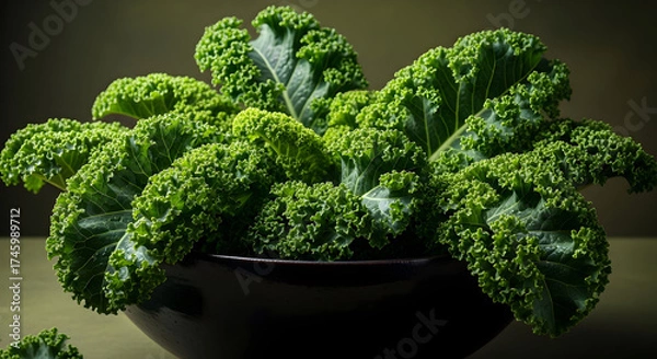 Fototapeta Fresh, vibrant curly green kale overflowing from a dark bowl against a subtly lit green background, nutritious greens