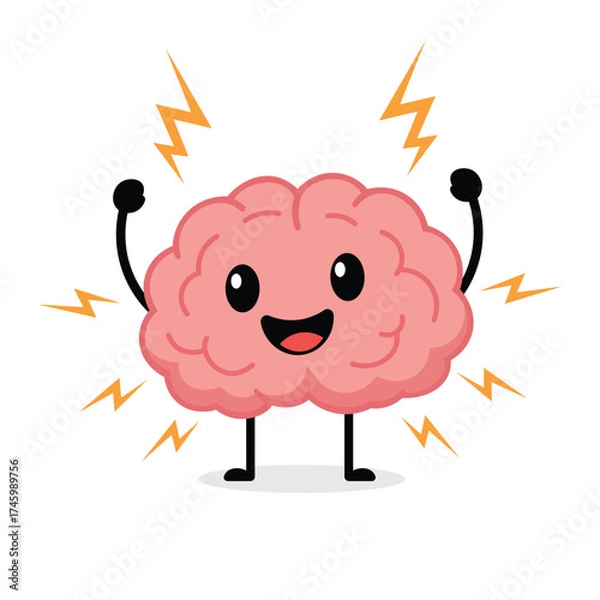 Fototapeta Happy Energized Brain Character with Lightning Bolts Vector Illustration