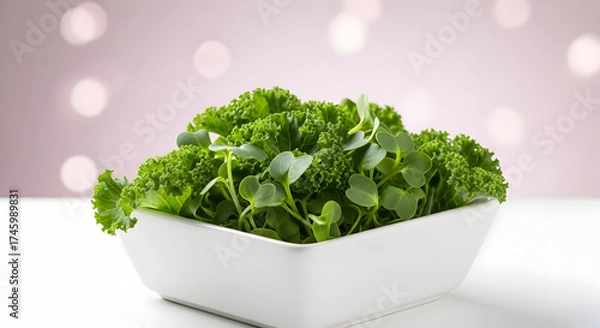 Fototapeta Fresh kale microgreens in a white square bowl against a soft pink bokeh background, superfood sprouts for healthy diet