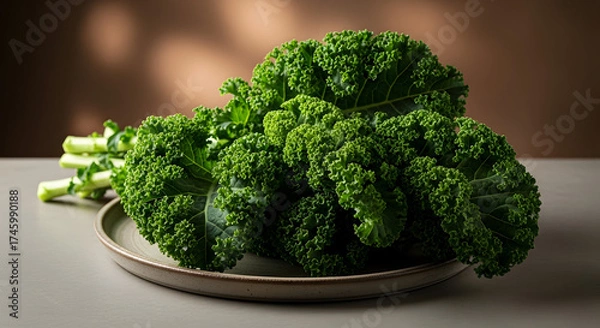 Fototapeta Bunch of fresh curly green kale leaves on a rustic plate, illuminated by warm natural light and shadows, wholesome food