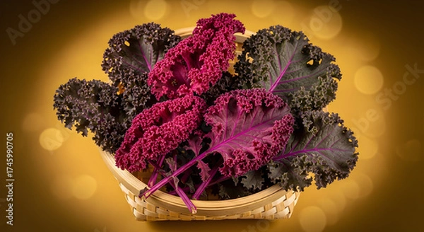 Fototapeta Colorful mix of fresh red kale and dark curly kale in a woven basket against a warm golden bokeh background, healthy