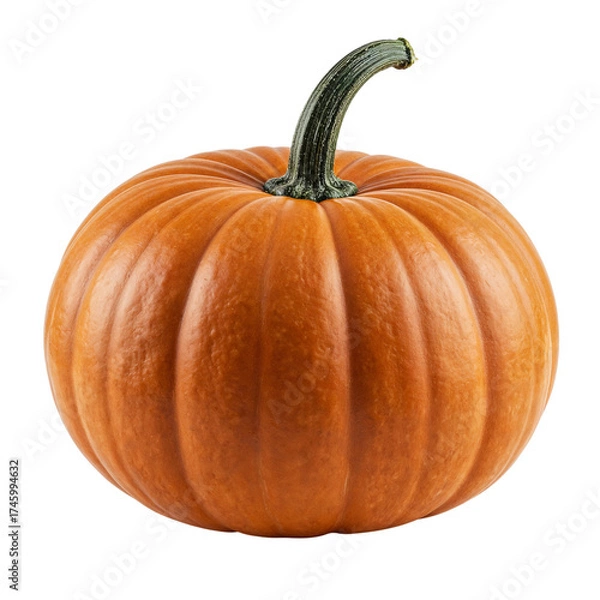 Fototapeta Single ripe orange pumpkin with green stem ready for autumn and halloween decorations isolated on transparent background