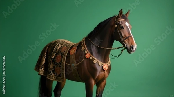 Obraz Horse in Ornate Renaissance Attire Against Green Backdrop