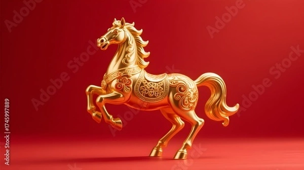 Obraz Golden Ornamental Horse on Red Background Chinese New Year 2026 Yea...