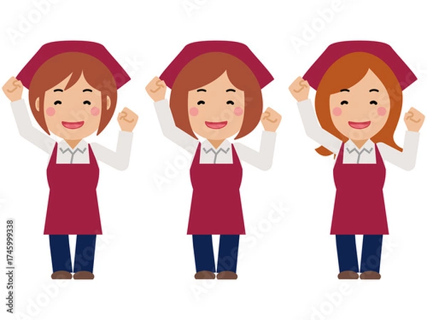 Fototapeta 大きな身振りで応援。真紅のエプロンと三角巾の女性