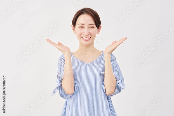 Fototapeta 女性　ミドルエイジ　手のひらで左右を指す　白背景