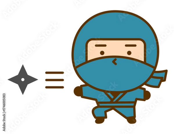 Fototapeta 手裏剣を投げるかわいい忍者のキャラクターイラスト　シンプルで親しみやすい和風のゆるキャラ