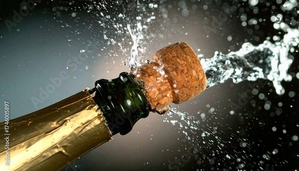Fototapeta Champagne bottle cork popping with spray of bubbles, celebrating a joyful moment in a festive atmosphere