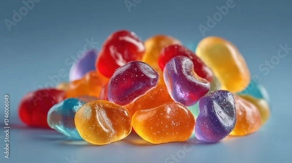 Fototapeta Pile of colorful translucent heart shaped candies on a blue background.