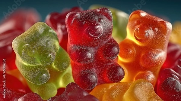 Fototapeta Colorful gummy bears candy close-up showing green red and orange sweets.